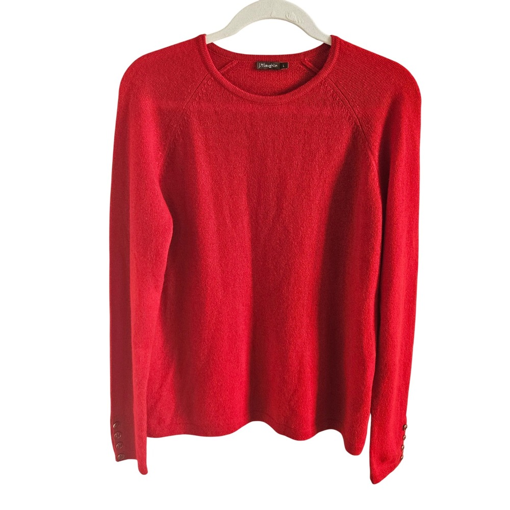 J.McLaughlin Red 100% Cashmere Crewneck Sweater Button Cuff Large